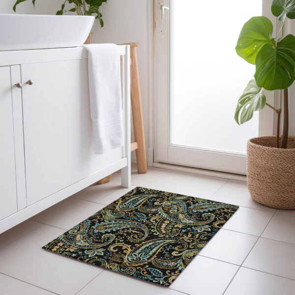 2' X 3' Black and Gold Paisley Washable Indoor Outdoor Area Rug