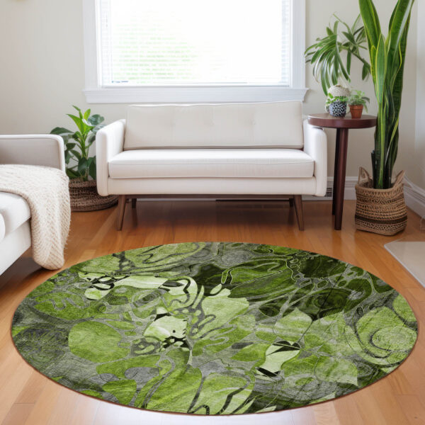 8' X 8' Fern Green and Gray Round Abstract Washable Indoor Outdoor Area Rug