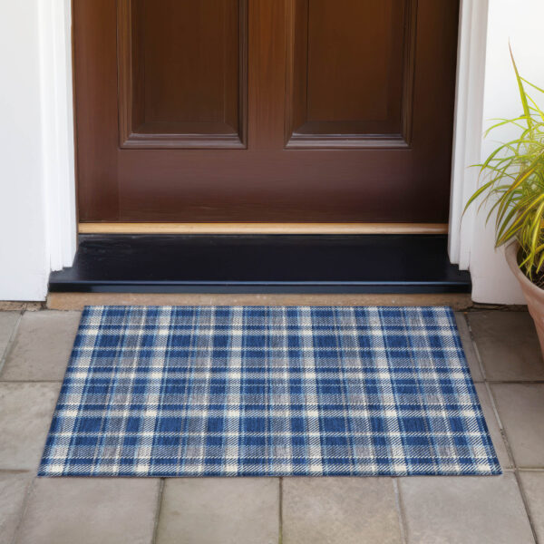 2' X 3' Navy and Ivory Plaid Washable Non Skid Indoor Outdoor Area Rug