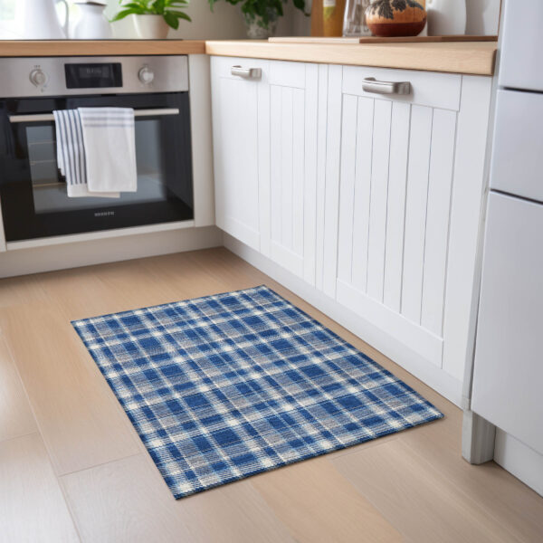 2' X 3' Navy and Ivory Plaid Washable Non Skid Indoor Outdoor Area Rug