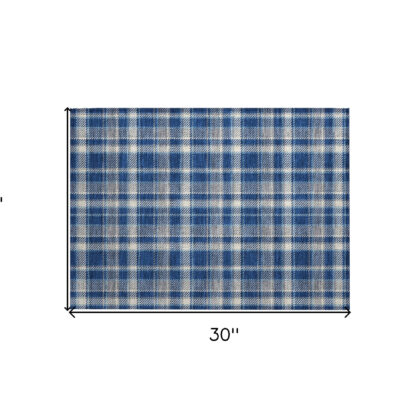 2' X 3' Navy and Ivory Plaid Washable Non Skid Indoor Outdoor Area Rug