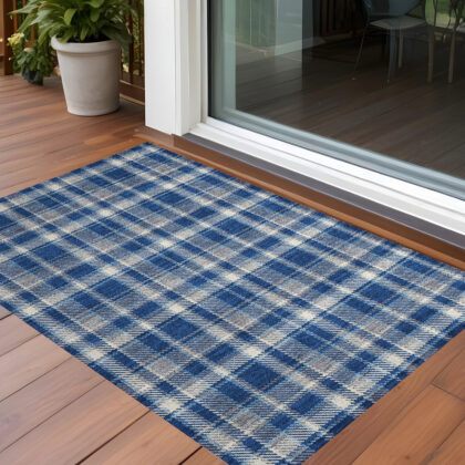 2' X 3' Navy and Ivory Plaid Washable Non Skid Indoor Outdoor Area Rug