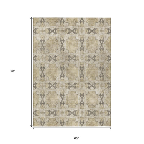 5' X 8' Beige and Gray Floral Medallion Washable Non Skid Indoor Outdoor Area Rug