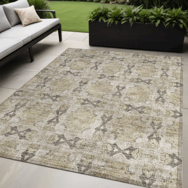 5' X 8' Beige and Gray Floral Medallion Washable Non Skid Indoor Outdoor Area Rug