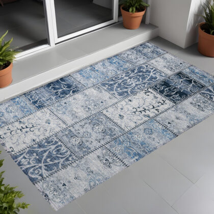 2' X 3' Denim Blue Patchwork Washable Non Skid Indoor Outdoor Area Rug