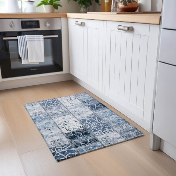 2' X 3' Denim Blue Patchwork Washable Non Skid Indoor Outdoor Area Rug