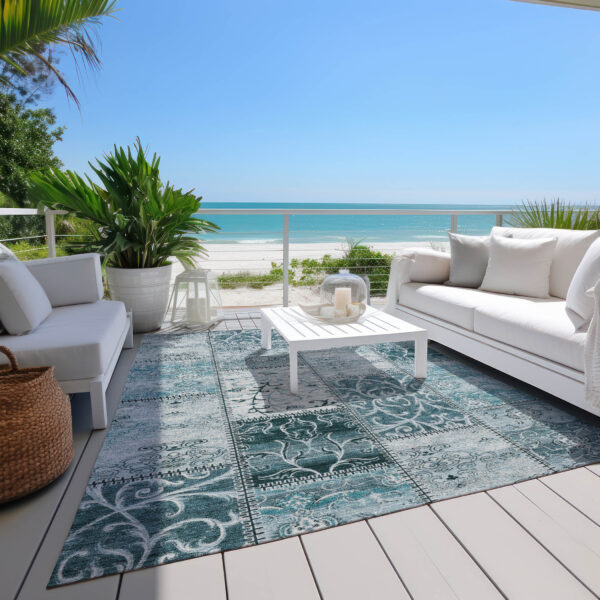 8' X 10' Teal Patchwork Washable Non Skid Indoor Outdoor Area Rug