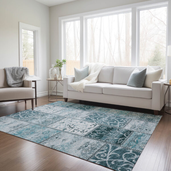 8' X 10' Teal Patchwork Washable Non Skid Indoor Outdoor Area Rug