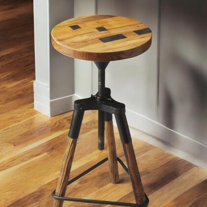 Brown and Black Manufactured Wood and Iron Backless Counter Height Swivel Bar Chair