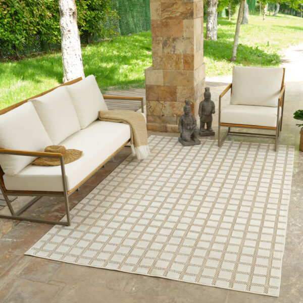 6' X 9' Cream and Beige Geometric Distressed Indoor Outdoor Area Rug