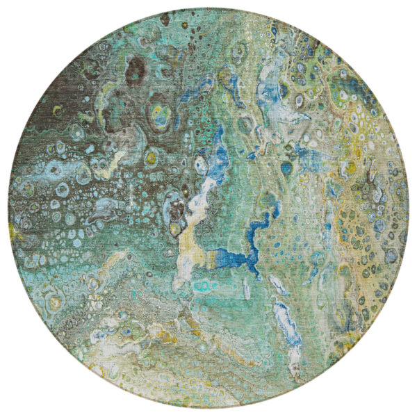 8' Teal Blue Lime Green And Green Round Abstract Washable Indoor Outdoor Area Rug