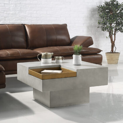 32" Gray Cement Square Distressed Pedestal Coffee Table