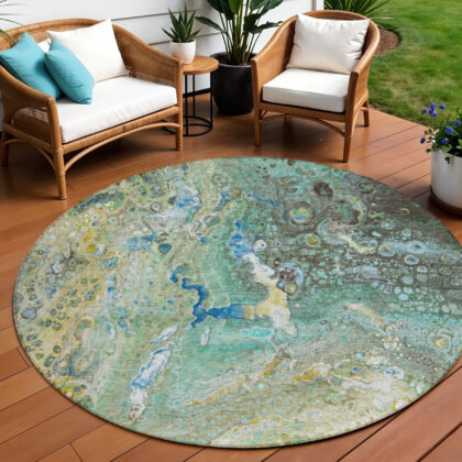 8' Teal Blue Lime Green And Green Round Abstract Washable Indoor Outdoor Area Rug