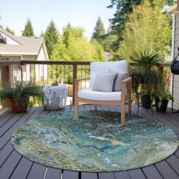 8' Teal Blue Lime Green And Green Round Abstract Washable Indoor Outdoor Area Rug
