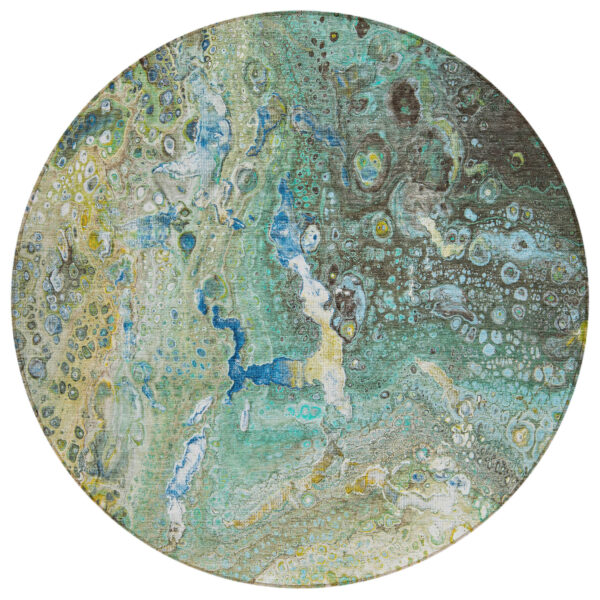 8' Teal Blue Lime Green And Green Round Abstract Washable Indoor Outdoor Area Rug