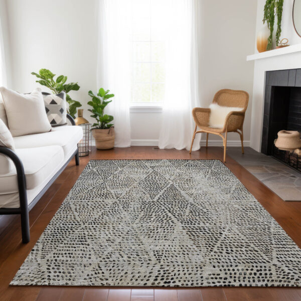 9' X 12' Gray Beige And Black Geometric Washable Indoor Outdoor Area Rug