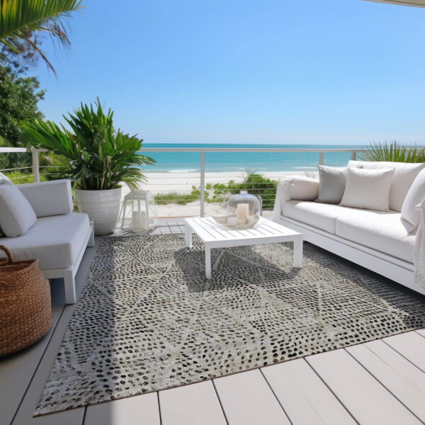 9' X 12' Gray Beige And Black Geometric Washable Indoor Outdoor Area Rug
