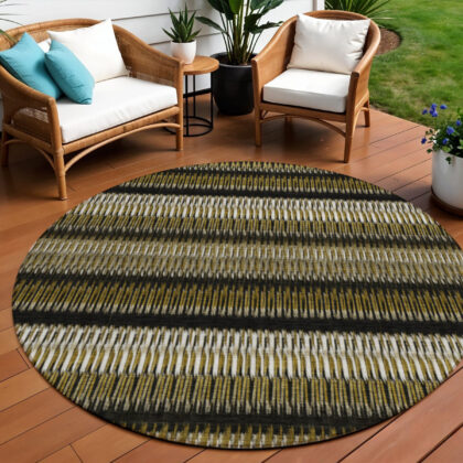 8' Brown Ivory And Black Round Striped Washable Indoor Outdoor Area Rug