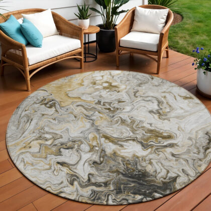8' Taupe Beige And Ivory Round Abstract Washable Indoor Outdoor Area Rug
