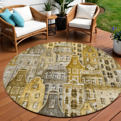 8' Brown Taupe And Gold Round Village Houses Washable Indoor Outdoor Area Rug