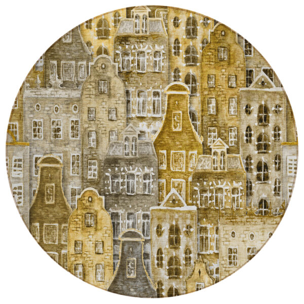 8' Brown Taupe And Gold Round Village Houses Washable Indoor Outdoor Area Rug