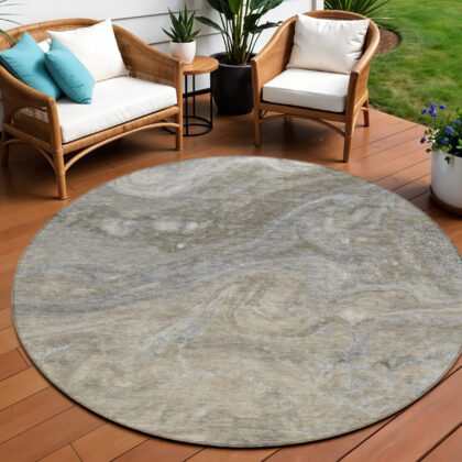 8' Taupe Beige And Ivory Round Abstract Washable Indoor Outdoor Area Rug