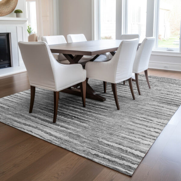 5' X 8' Silver Gray And Charcoal Striped Washable Indoor Outdoor Area Rug