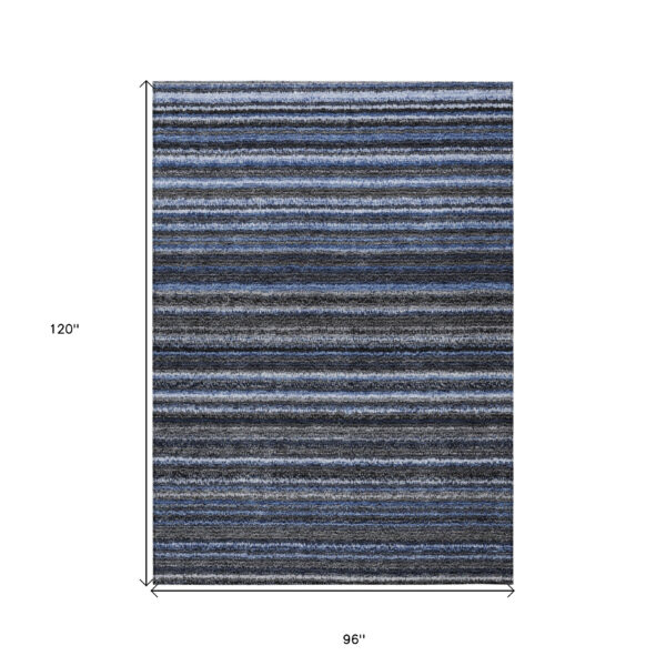 8' X 10' Denim Blue And Gray Striped Washable Indoor Outdoor Area Rug