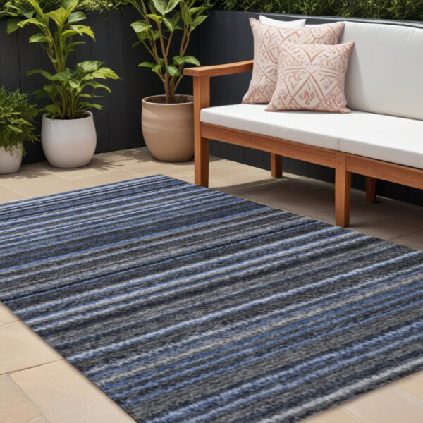 8' X 10' Denim Blue And Gray Striped Washable Indoor Outdoor Area Rug