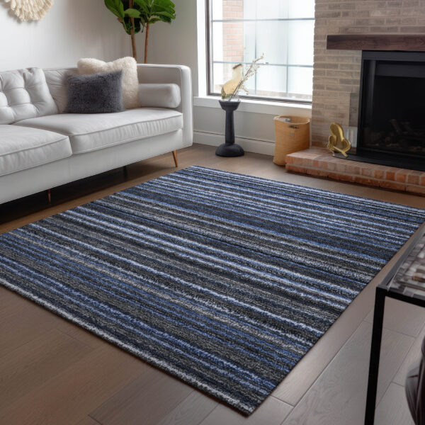 8' X 10' Denim Blue And Gray Striped Washable Indoor Outdoor Area Rug