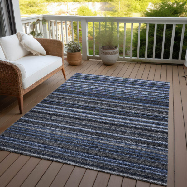 8' X 10' Denim Blue And Gray Striped Washable Indoor Outdoor Area Rug