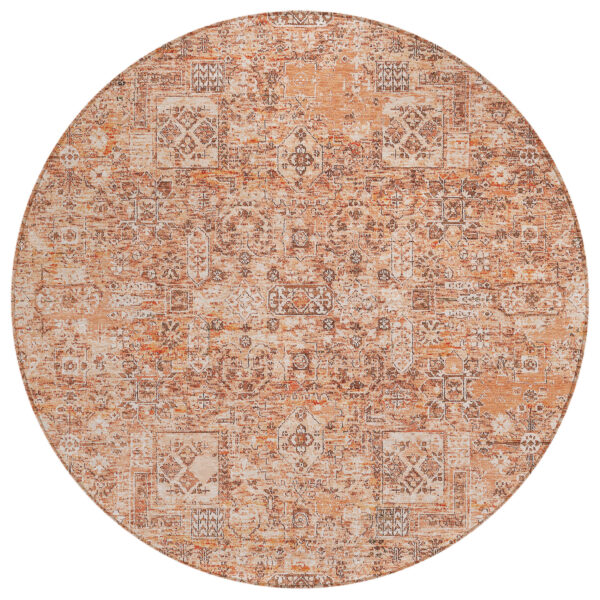 8' Salmon Orange And Gray Round Floral Washable Indoor Outdoor Area Rug