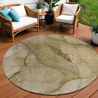 8' Brown Beige And Taupe Round Abstract Washable Indoor Outdoor Area Rug