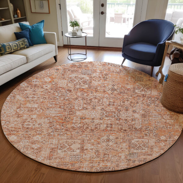 8' Salmon Orange And Gray Round Floral Washable Indoor Outdoor Area Rug