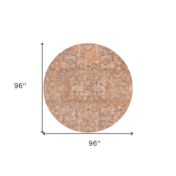 8' Salmon Orange And Gray Round Floral Washable Indoor Outdoor Area Rug
