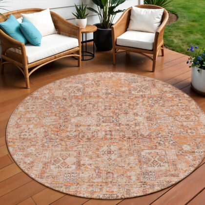 8' Salmon Orange And Gray Round Floral Washable Indoor Outdoor Area Rug