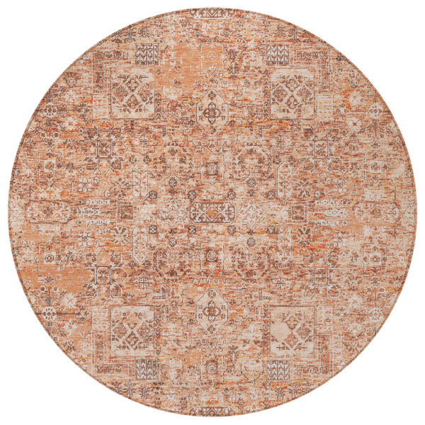 8' Salmon Orange And Gray Round Floral Washable Indoor Outdoor Area Rug