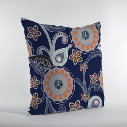 18” Indigo Orange Floral Suede Zippered Throw Pillow