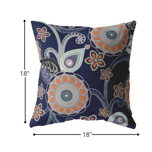18” Indigo Orange Floral Suede Zippered Throw Pillow