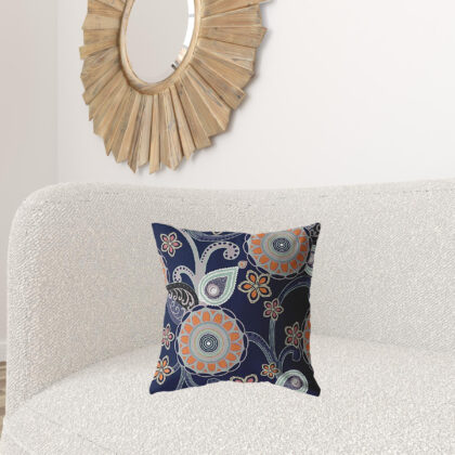 18” Indigo Orange Floral Suede Zippered Throw Pillow