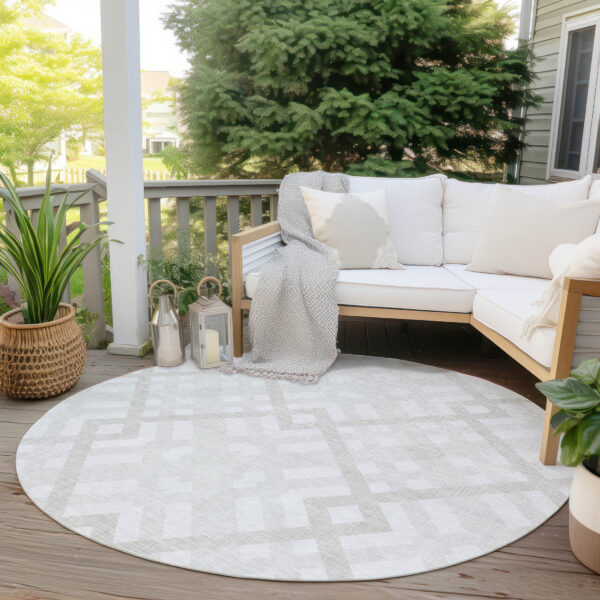 8' Ivory Beige And Tan Round Geometric Washable Indoor Outdoor Area Rug
