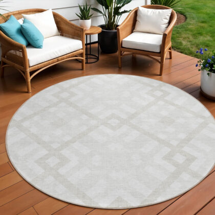 8' Ivory Beige And Tan Round Geometric Washable Indoor Outdoor Area Rug