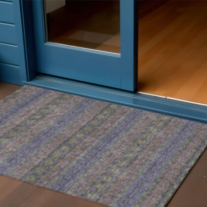 3' X 5' Purple Plum And Gold Floral Medallion Washable Indoor Outdoor Area Rug