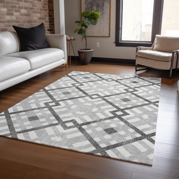 8' X 10' Gray Charcoal And Ivory Geometric Washable Indoor Outdoor Area Rug
