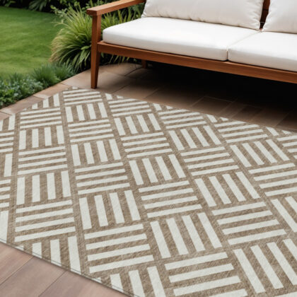 9' X 12' Brown And Ivory Geometric Washable Indoor Outdoor Area Rug