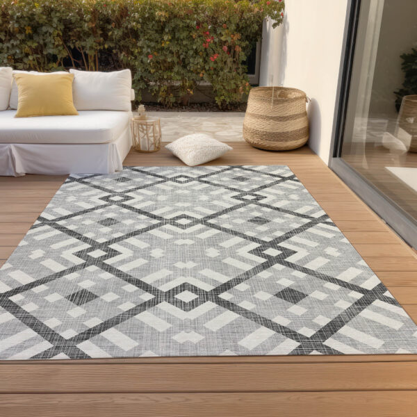 8' X 10' Gray Charcoal And Ivory Geometric Washable Indoor Outdoor Area Rug