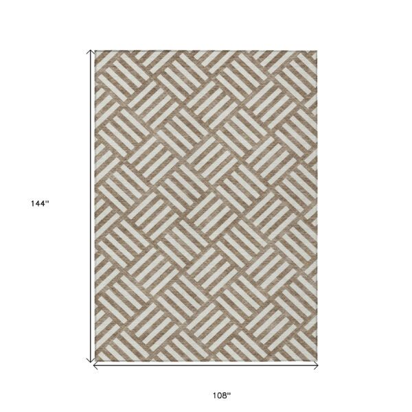 9' X 12' Brown And Ivory Geometric Washable Indoor Outdoor Area Rug