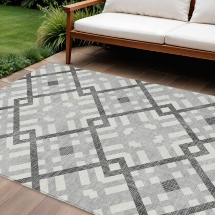 8' X 10' Gray Charcoal And Ivory Geometric Washable Indoor Outdoor Area Rug