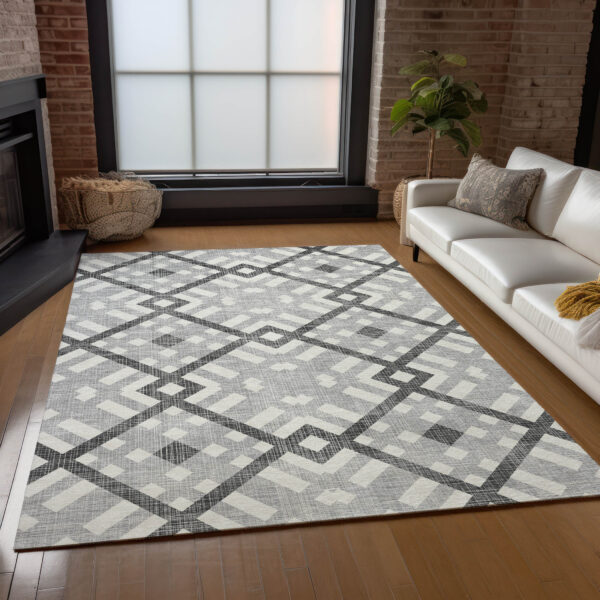 8' X 10' Gray Charcoal And Ivory Geometric Washable Indoor Outdoor Area Rug