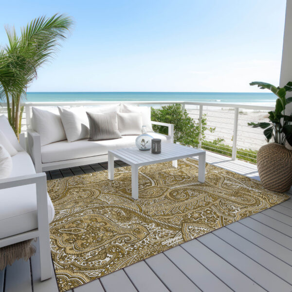 9' X 12' Brown Tan And Beige Paisley Washable Indoor Outdoor Area Rug